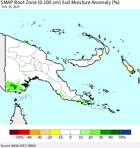 Papua New Guinea SMAP Root Zone (0-100 cm) Soil Moisture Anomaly (%) Thematic Map For 2/21/2023 - 2/25/2023