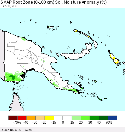 Papua New Guinea SMAP Root Zone (0-100 cm) Soil Moisture Anomaly (%) Thematic Map For 2/26/2023 - 2/28/2023