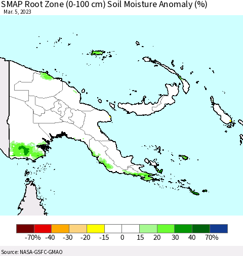 Papua New Guinea SMAP Root Zone (0-100 cm) Soil Moisture Anomaly (%) Thematic Map For 3/1/2023 - 3/5/2023