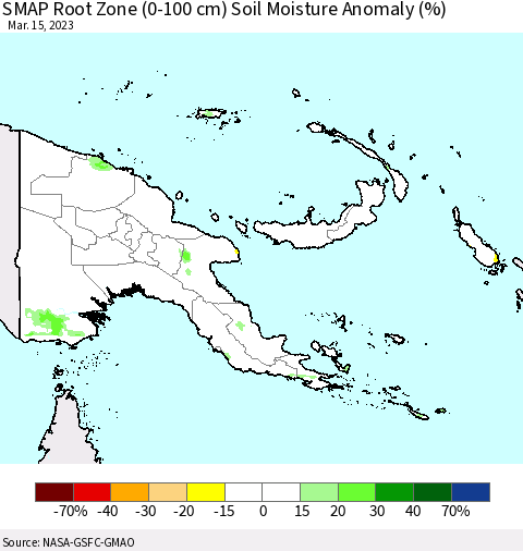 Papua New Guinea SMAP Root Zone (0-100 cm) Soil Moisture Anomaly (%) Thematic Map For 3/11/2023 - 3/15/2023