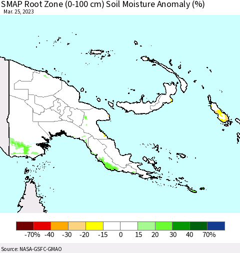 Papua New Guinea SMAP Root Zone (0-100 cm) Soil Moisture Anomaly (%) Thematic Map For 3/21/2023 - 3/25/2023