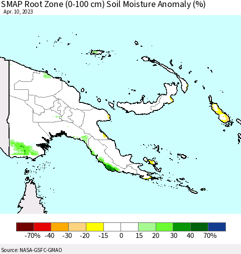 Papua New Guinea SMAP Root Zone (0-100 cm) Soil Moisture Anomaly (%) Thematic Map For 4/6/2023 - 4/10/2023