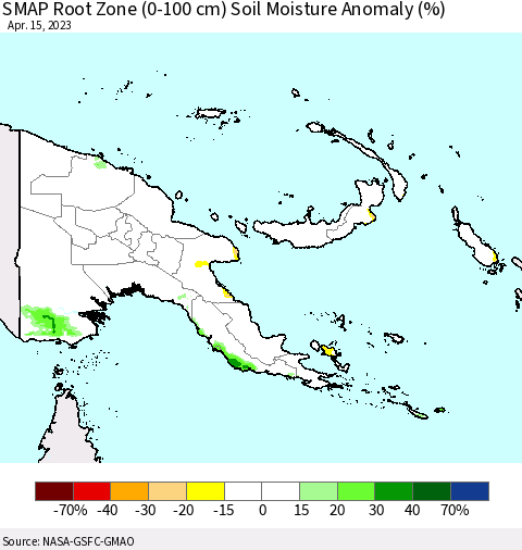 Papua New Guinea SMAP Root Zone (0-100 cm) Soil Moisture Anomaly (%) Thematic Map For 4/11/2023 - 4/15/2023