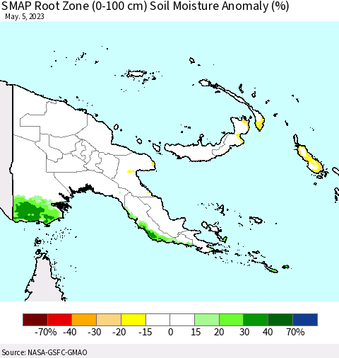 Papua New Guinea SMAP Root Zone (0-100 cm) Soil Moisture Anomaly (%) Thematic Map For 5/1/2023 - 5/5/2023