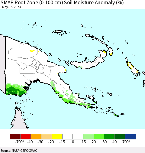 Papua New Guinea SMAP Root Zone (0-100 cm) Soil Moisture Anomaly (%) Thematic Map For 5/11/2023 - 5/15/2023