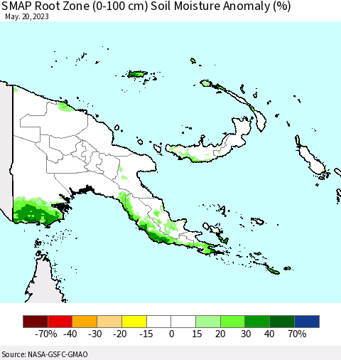 Papua New Guinea SMAP Root Zone (0-100 cm) Soil Moisture Anomaly (%) Thematic Map For 5/16/2023 - 5/20/2023