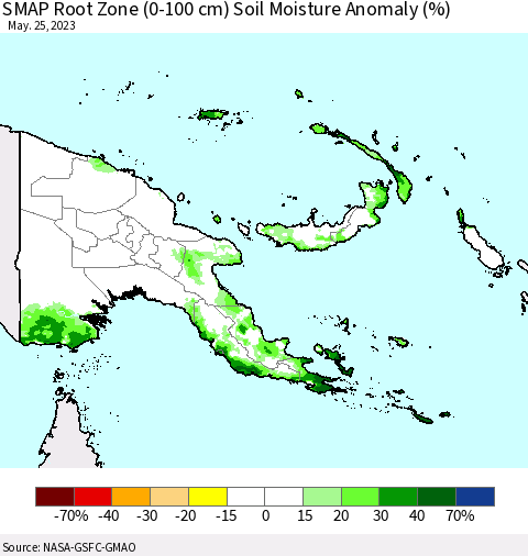 Papua New Guinea SMAP Root Zone (0-100 cm) Soil Moisture Anomaly (%) Thematic Map For 5/21/2023 - 5/25/2023