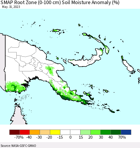 Papua New Guinea SMAP Root Zone (0-100 cm) Soil Moisture Anomaly (%) Thematic Map For 5/26/2023 - 5/31/2023