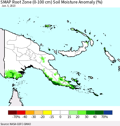 Papua New Guinea SMAP Root Zone (0-100 cm) Soil Moisture Anomaly (%) Thematic Map For 6/1/2023 - 6/5/2023