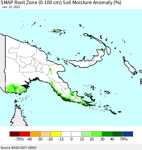 Papua New Guinea SMAP Root Zone (0-100 cm) Soil Moisture Anomaly (%) Thematic Map For 6/6/2023 - 6/10/2023