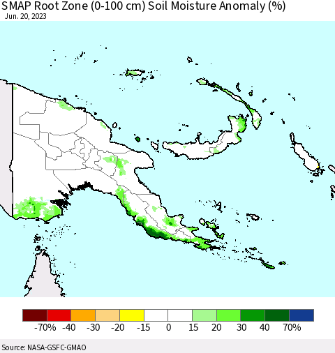 Papua New Guinea SMAP Root Zone (0-100 cm) Soil Moisture Anomaly (%) Thematic Map For 6/16/2023 - 6/20/2023