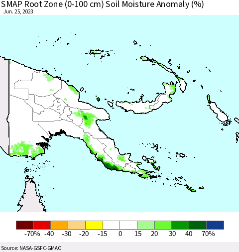 Papua New Guinea SMAP Root Zone (0-100 cm) Soil Moisture Anomaly (%) Thematic Map For 6/21/2023 - 6/25/2023