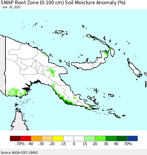 Papua New Guinea SMAP Root Zone (0-100 cm) Soil Moisture Anomaly (%) Thematic Map For 6/26/2023 - 6/30/2023