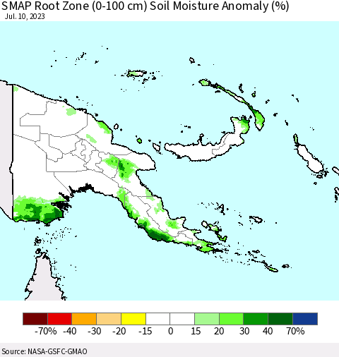 Papua New Guinea SMAP Root Zone (0-100 cm) Soil Moisture Anomaly (%) Thematic Map For 7/6/2023 - 7/10/2023
