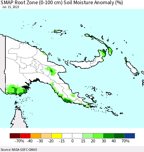 Papua New Guinea SMAP Root Zone (0-100 cm) Soil Moisture Anomaly (%) Thematic Map For 7/11/2023 - 7/15/2023