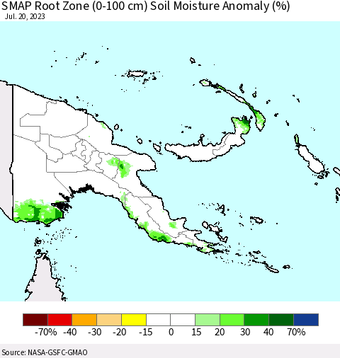 Papua New Guinea SMAP Root Zone (0-100 cm) Soil Moisture Anomaly (%) Thematic Map For 7/16/2023 - 7/20/2023