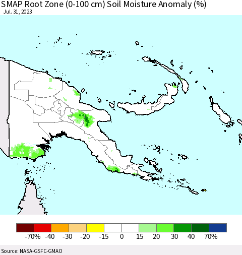 Papua New Guinea SMAP Root Zone (0-100 cm) Soil Moisture Anomaly (%) Thematic Map For 7/26/2023 - 7/31/2023