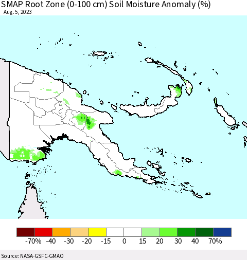 Papua New Guinea SMAP Root Zone (0-100 cm) Soil Moisture Anomaly (%) Thematic Map For 8/1/2023 - 8/5/2023
