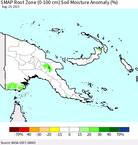 Papua New Guinea SMAP Root Zone (0-100 cm) Soil Moisture Anomaly (%) Thematic Map For 8/6/2023 - 8/10/2023