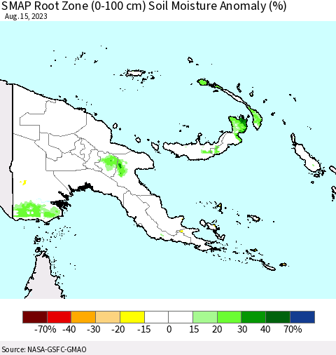 Papua New Guinea SMAP Root Zone (0-100 cm) Soil Moisture Anomaly (%) Thematic Map For 8/11/2023 - 8/15/2023