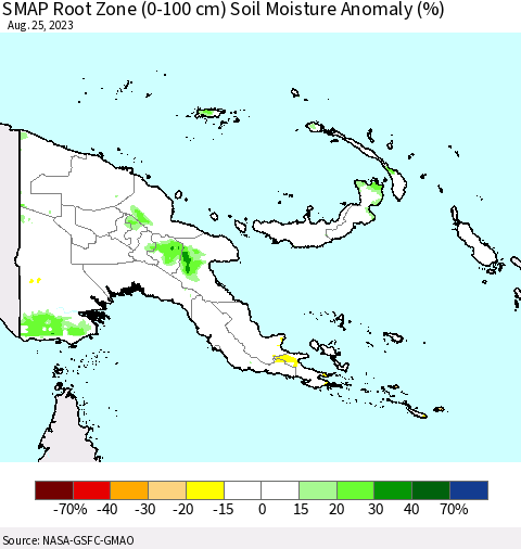 Papua New Guinea SMAP Root Zone (0-100 cm) Soil Moisture Anomaly (%) Thematic Map For 8/21/2023 - 8/25/2023