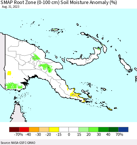 Papua New Guinea SMAP Root Zone (0-100 cm) Soil Moisture Anomaly (%) Thematic Map For 8/26/2023 - 8/31/2023