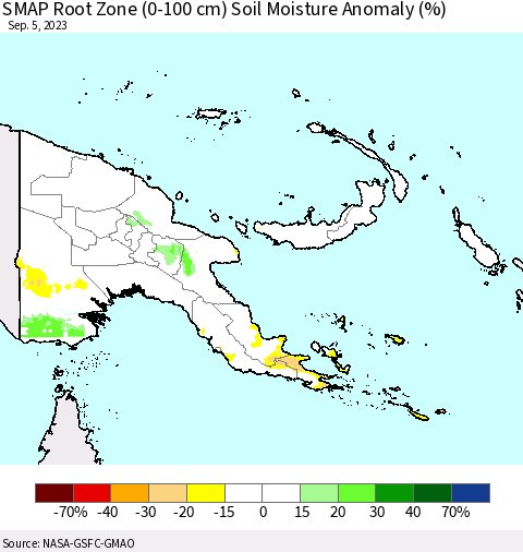 Papua New Guinea SMAP Root Zone (0-100 cm) Soil Moisture Anomaly (%) Thematic Map For 9/1/2023 - 9/5/2023