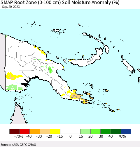 Papua New Guinea SMAP Root Zone (0-100 cm) Soil Moisture Anomaly (%) Thematic Map For 9/16/2023 - 9/20/2023