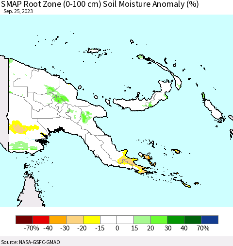 Papua New Guinea SMAP Root Zone (0-100 cm) Soil Moisture Anomaly (%) Thematic Map For 9/21/2023 - 9/25/2023