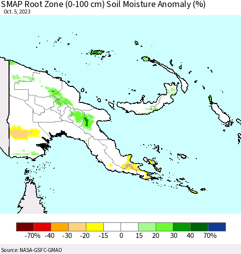 Papua New Guinea SMAP Root Zone (0-100 cm) Soil Moisture Anomaly (%) Thematic Map For 10/1/2023 - 10/5/2023