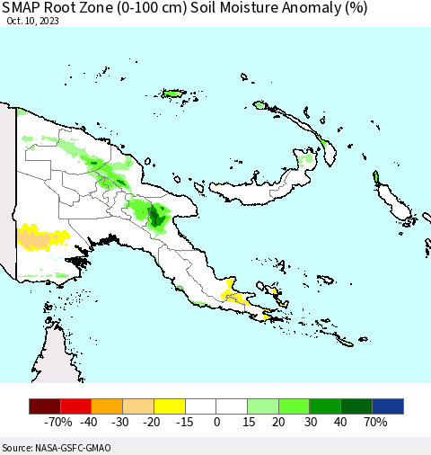 Papua New Guinea SMAP Root Zone (0-100 cm) Soil Moisture Anomaly (%) Thematic Map For 10/6/2023 - 10/10/2023