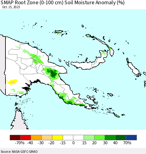 Papua New Guinea SMAP Root Zone (0-100 cm) Soil Moisture Anomaly (%) Thematic Map For 10/11/2023 - 10/15/2023