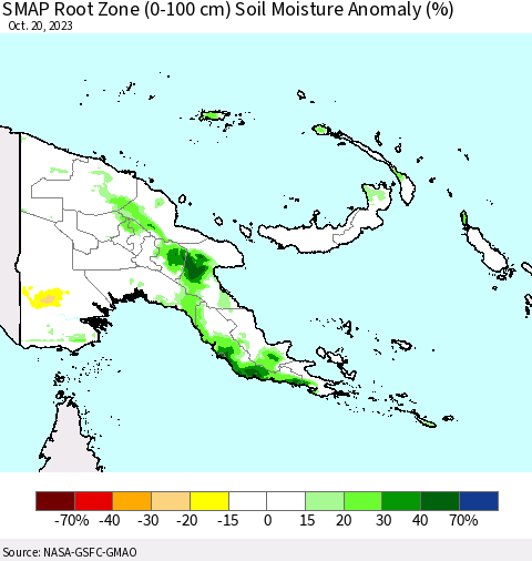 Papua New Guinea SMAP Root Zone (0-100 cm) Soil Moisture Anomaly (%) Thematic Map For 10/16/2023 - 10/20/2023