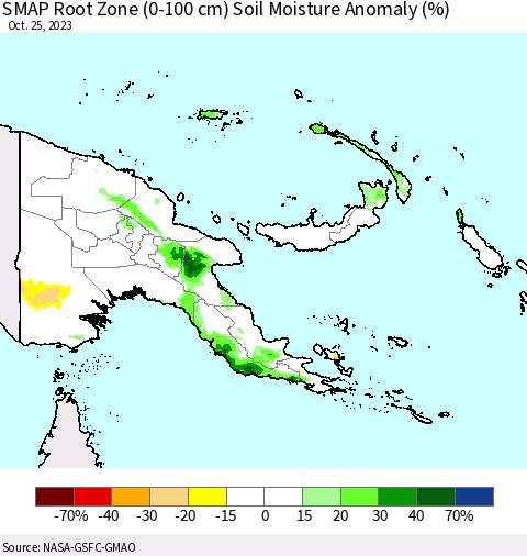 Papua New Guinea SMAP Root Zone (0-100 cm) Soil Moisture Anomaly (%) Thematic Map For 10/21/2023 - 10/25/2023