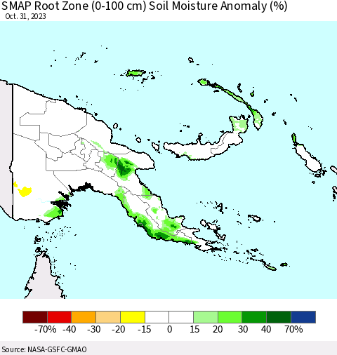 Papua New Guinea SMAP Root Zone (0-100 cm) Soil Moisture Anomaly (%) Thematic Map For 10/26/2023 - 10/31/2023