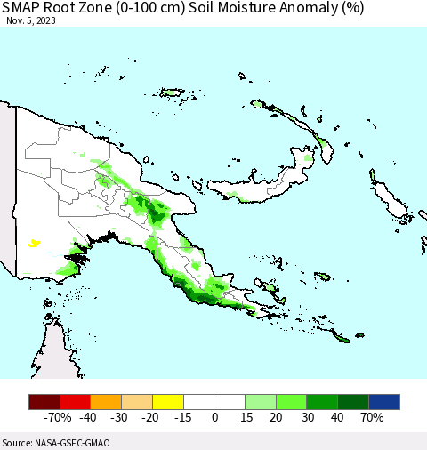Papua New Guinea SMAP Root Zone (0-100 cm) Soil Moisture Anomaly (%) Thematic Map For 11/1/2023 - 11/5/2023