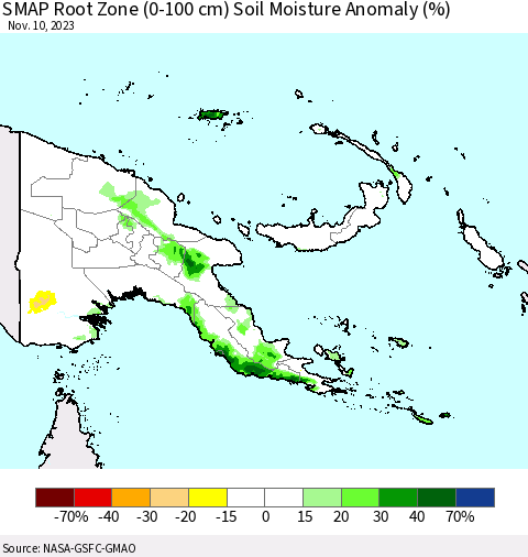 Papua New Guinea SMAP Root Zone (0-100 cm) Soil Moisture Anomaly (%) Thematic Map For 11/6/2023 - 11/10/2023