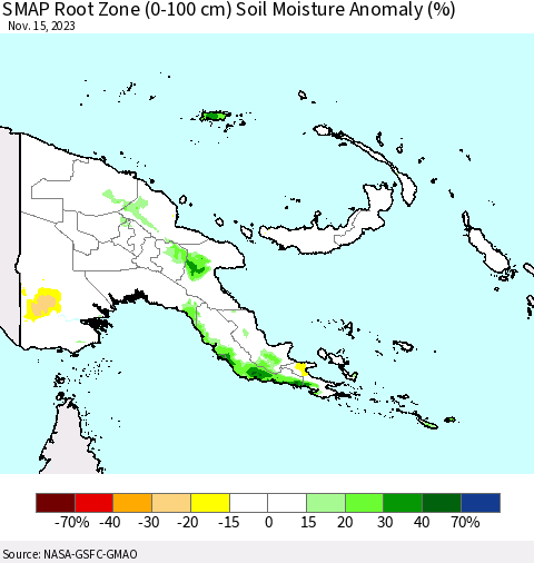 Papua New Guinea SMAP Root Zone (0-100 cm) Soil Moisture Anomaly (%) Thematic Map For 11/11/2023 - 11/15/2023