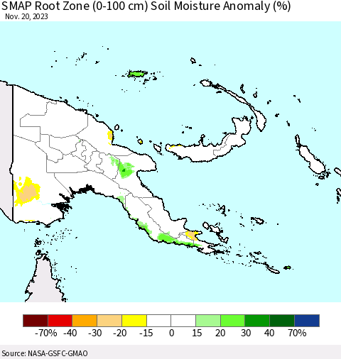 Papua New Guinea SMAP Root Zone (0-100 cm) Soil Moisture Anomaly (%) Thematic Map For 11/16/2023 - 11/20/2023