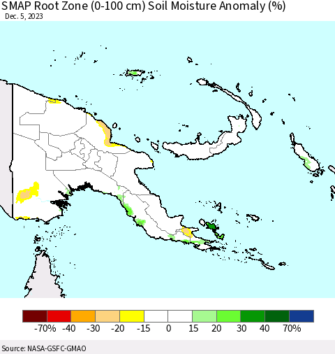 Papua New Guinea SMAP Root Zone (0-100 cm) Soil Moisture Anomaly (%) Thematic Map For 12/1/2023 - 12/5/2023