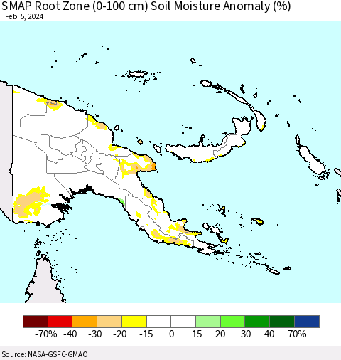Papua New Guinea SMAP Root Zone (0-100 cm) Soil Moisture Anomaly (%) Thematic Map For 2/1/2024 - 2/5/2024