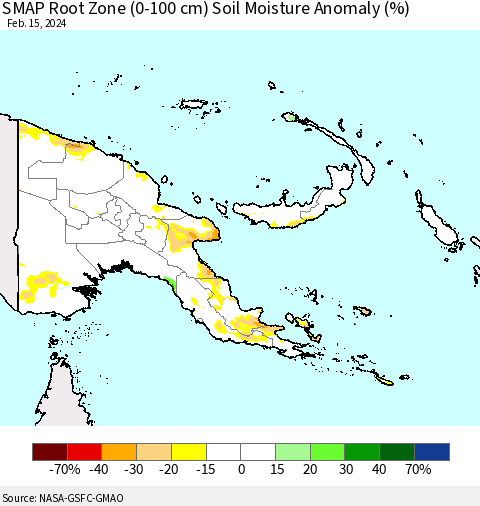 Papua New Guinea SMAP Root Zone (0-100 cm) Soil Moisture Anomaly (%) Thematic Map For 2/11/2024 - 2/15/2024