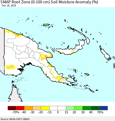 Papua New Guinea SMAP Root Zone (0-100 cm) Soil Moisture Anomaly (%) Thematic Map For 2/16/2024 - 2/20/2024