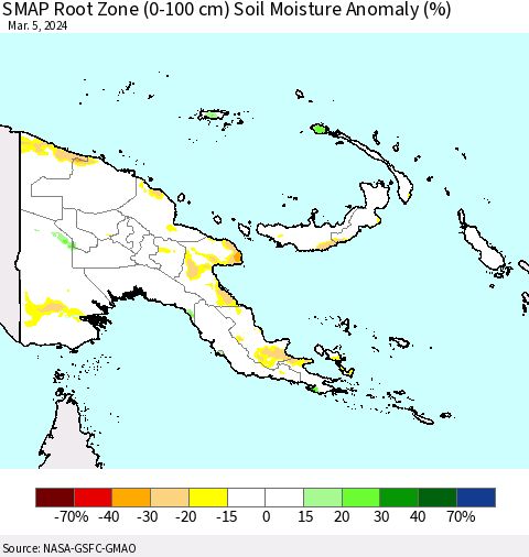 Papua New Guinea SMAP Root Zone (0-100 cm) Soil Moisture Anomaly (%) Thematic Map For 3/1/2024 - 3/5/2024