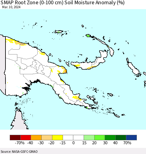 Papua New Guinea SMAP Root Zone (0-100 cm) Soil Moisture Anomaly (%) Thematic Map For 3/6/2024 - 3/10/2024