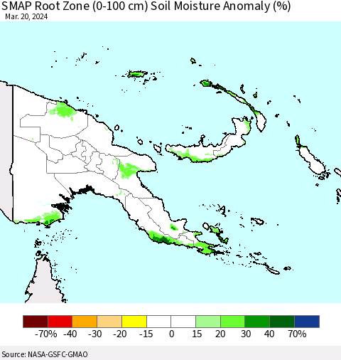 Papua New Guinea SMAP Root Zone (0-100 cm) Soil Moisture Anomaly (%) Thematic Map For 3/16/2024 - 3/20/2024