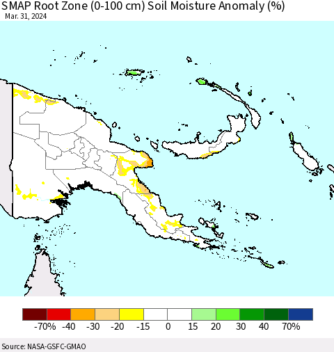 Papua New Guinea SMAP Root Zone (0-100 cm) Soil Moisture Anomaly (%) Thematic Map For 3/26/2024 - 3/31/2024