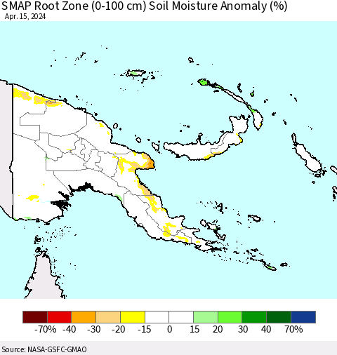 Papua New Guinea SMAP Root Zone (0-100 cm) Soil Moisture Anomaly (%) Thematic Map For 4/11/2024 - 4/15/2024