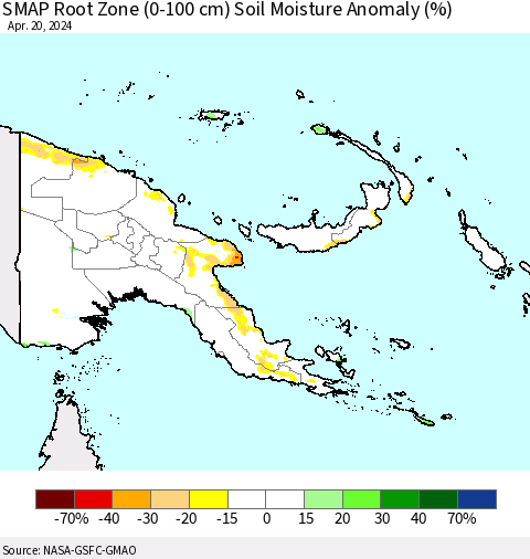 Papua New Guinea SMAP Root Zone (0-100 cm) Soil Moisture Anomaly (%) Thematic Map For 4/16/2024 - 4/20/2024