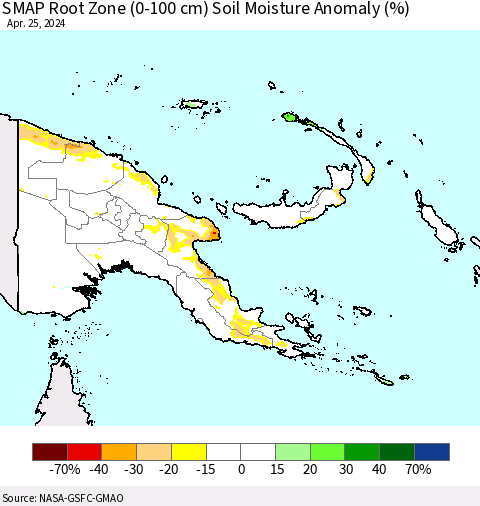 Papua New Guinea SMAP Root Zone (0-100 cm) Soil Moisture Anomaly (%) Thematic Map For 4/21/2024 - 4/25/2024